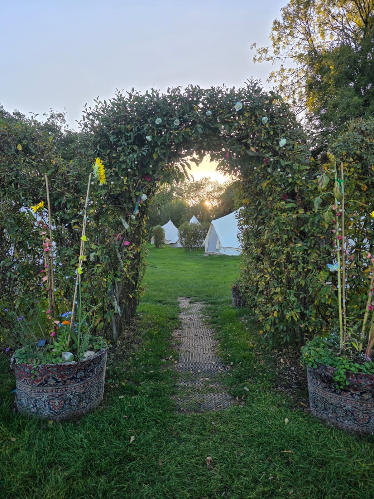 The flowered archway into Willow World at sunset