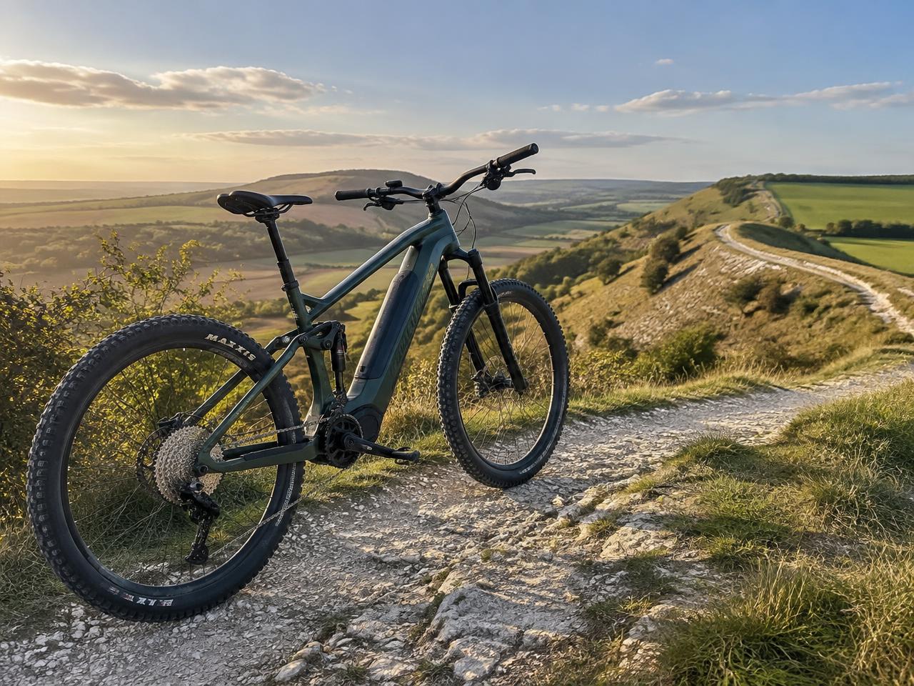 A premium electric mountain bike on a chalk ridge trail above rolling downland.