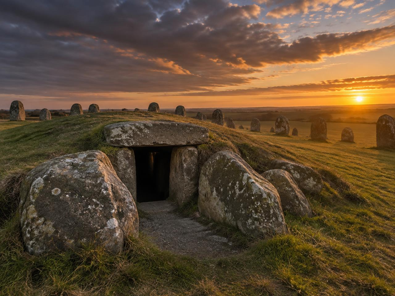 A Neolithic long barrow entrance framed by sarsen stones with a stone circle beyond at sunset.