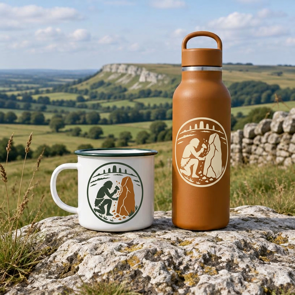 White enamel camping mug and ochre insulated bottle overlooking chalk downs