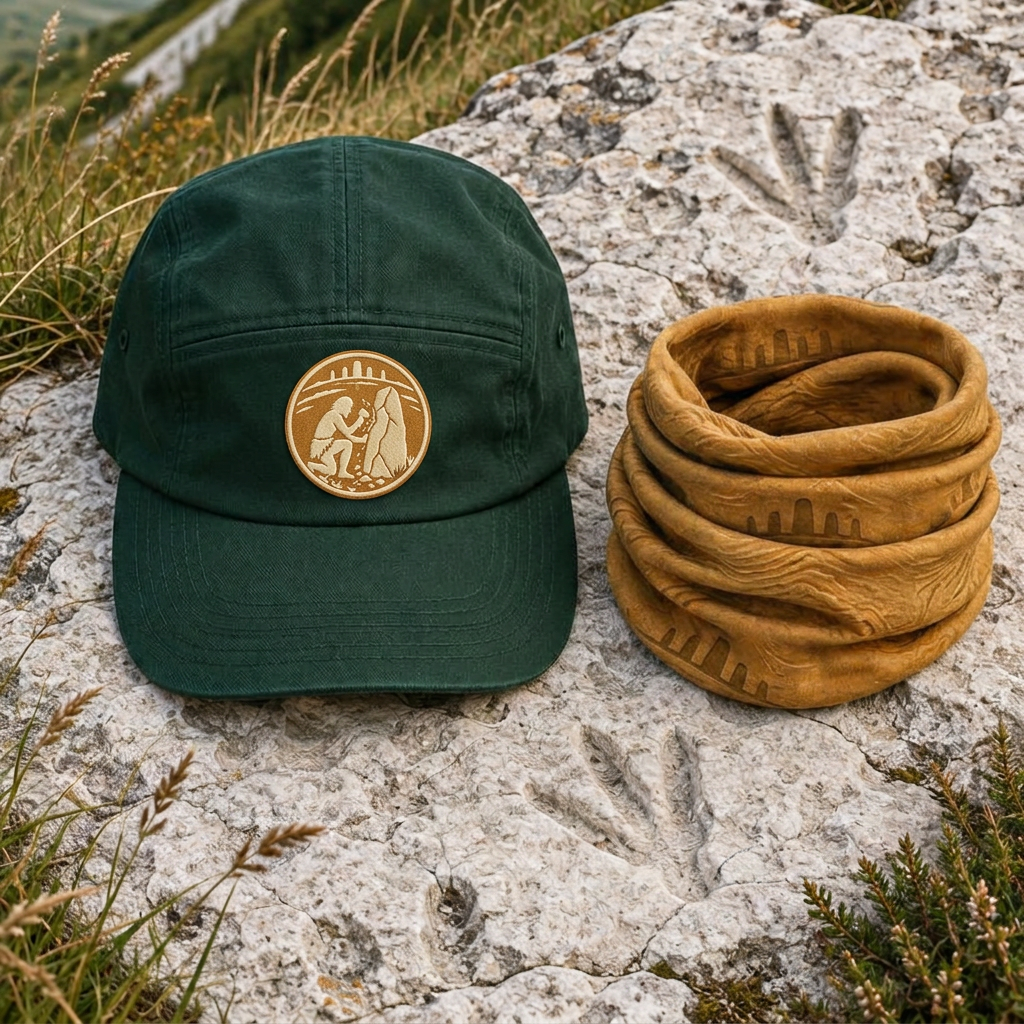 Forest green trail cap with an ochre neck gaiter on chalk stone