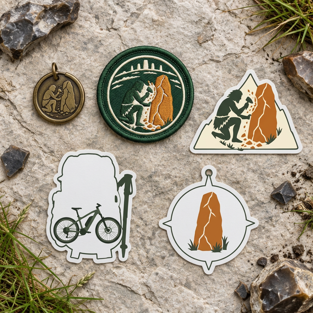 Antique brass keyring, embroidered patch and travel stickers on pale chalk stone