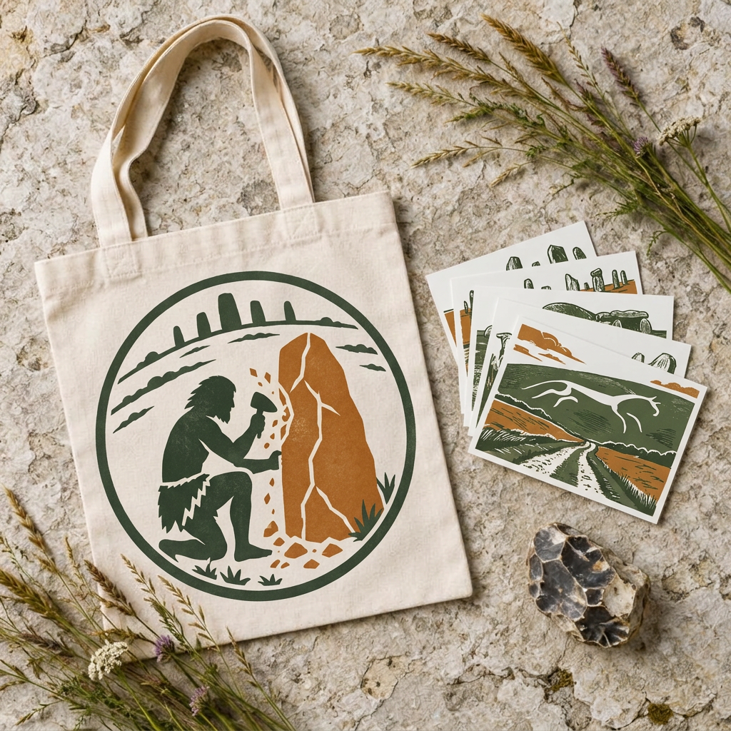 Five art postcards beside a natural cotton tote on pale chalk stone